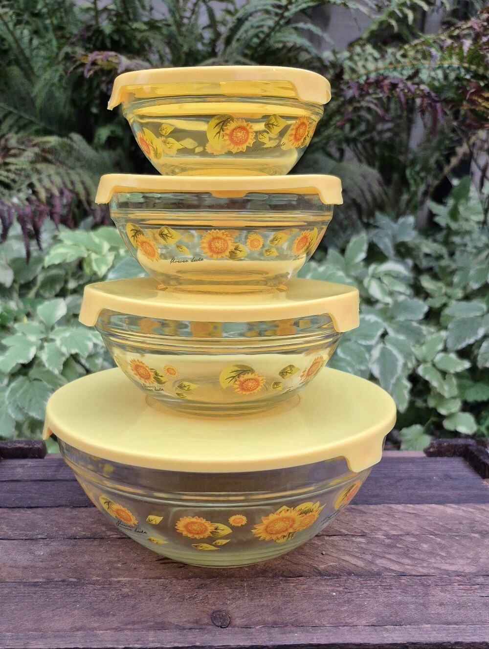 Vintage 1970s Sunflower Nesting Bowls Glass Set W/ Lids 4 Sizes